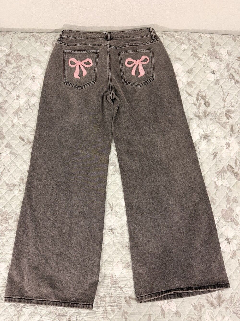 J For Justify Jeans Womens M Gray Wide Leg Pink Bow Coquette Y2K High Rise